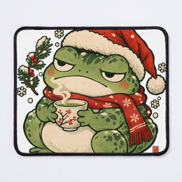Item preview, Grumpy Christmas Frog with Santa Hat Drinking Tea designed and sold by CreatifStudios.
