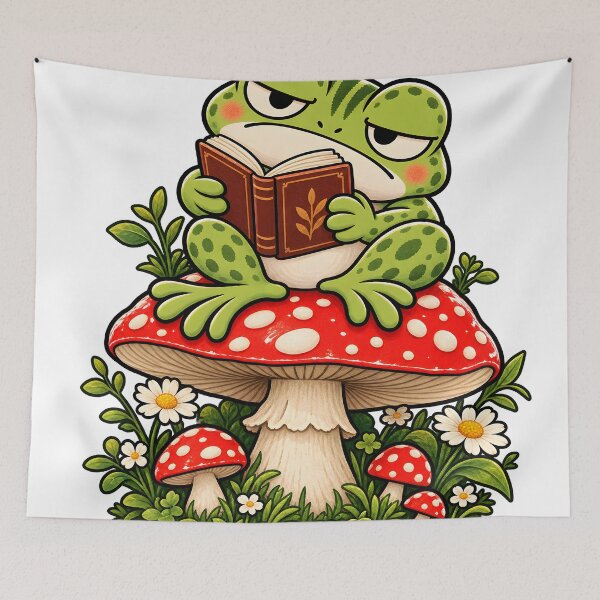 Item preview, Bookish Frog Reading on Toadstool - Cottagecore Frog designed and sold by CreatifStudios.