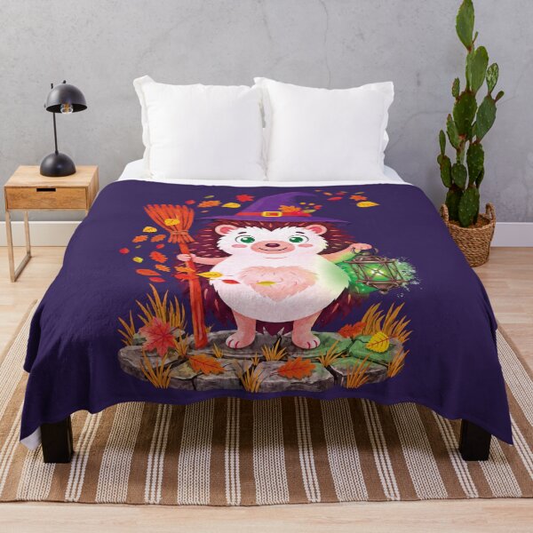 Item preview, A cute halloween hedgehog dressed in a purple witch hat holds a lantern designed and sold by Mevissart.