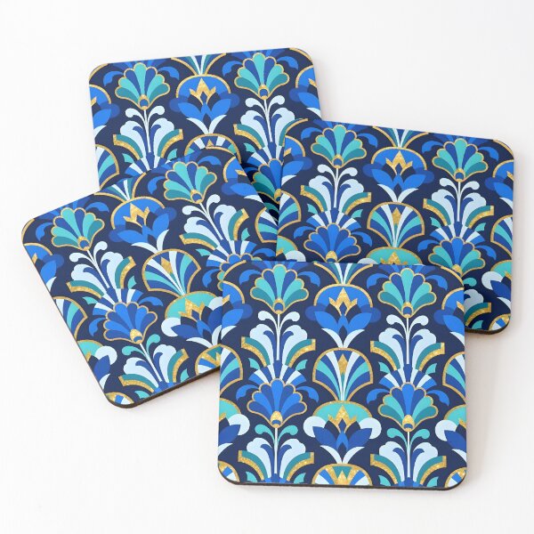 Item preview, Art Deco Blue and Gold Glitter Lotus Flower Pattern designed and sold by Sybille-Yates.