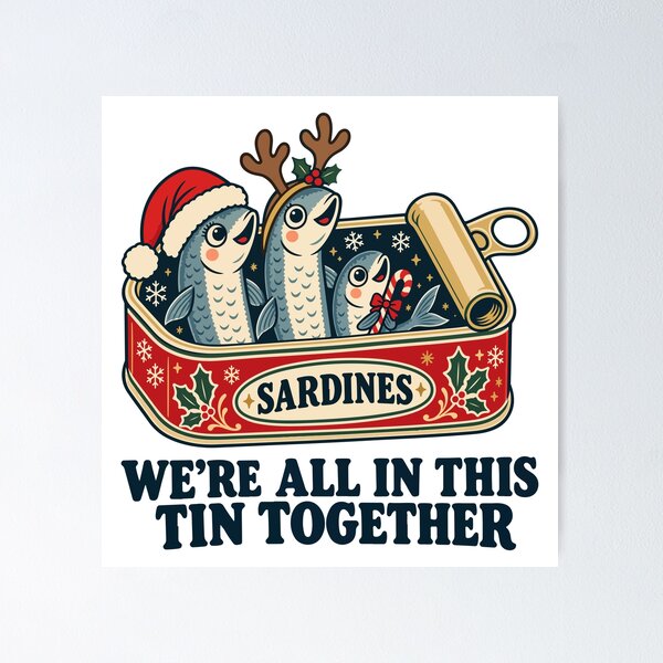 Item preview, We're All in This Tin Together – Funny Christmas Sardine Family Vintage Illustration designed and sold by Skryp-art.