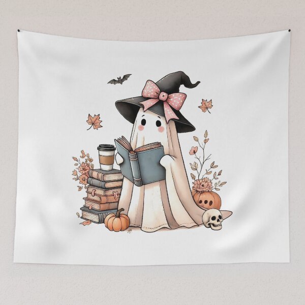 Item preview, Ghost Bookworm – Cute Witch Ghost Reading with Coffee Halloween Sticker designed and sold by PaginaBrew.