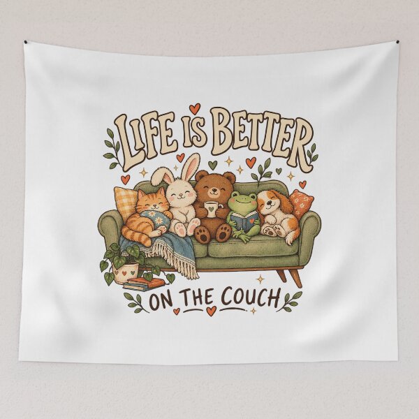 Item preview, Life Is Better on the Couch, Cute Animal Friends Design designed and sold by ZAKE-store.
