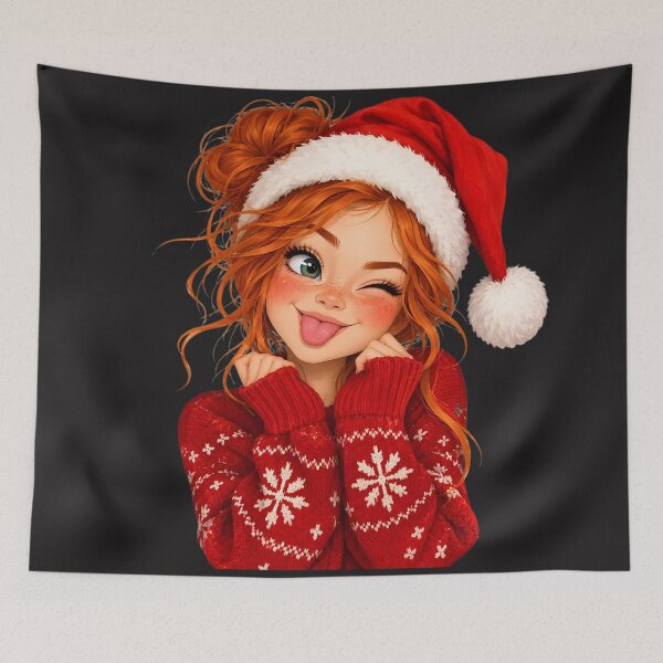 Item preview, Cute Christmas Girl in Santa Hat and Red Sweater – Funny Winking Ginger Girl Illustration designed and sold by DoveArtDesigns.