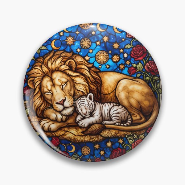 Item preview, Lion and White Tiger Cub – Stained Glass Moon and Roses Art designed and sold by ManJiangHong.