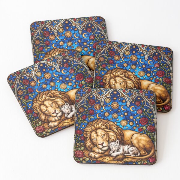 Item preview, Lion and White Tiger Cub – Stained Glass Moon and Roses Art designed and sold by ManJiangHong.