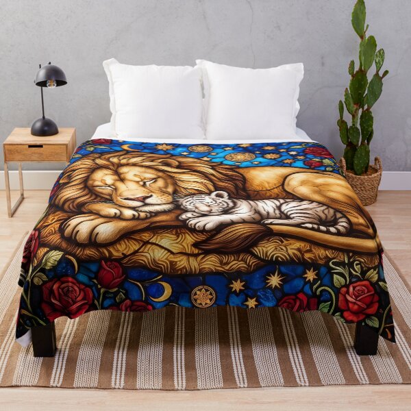 Item preview, Lion and White Tiger Cub – Stained Glass Moon and Roses Art designed and sold by ManJiangHong.