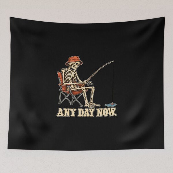 Item preview, Any Day Now – Funny Skeleton Fishing in a Puddle designed and sold by MichelleAlline.