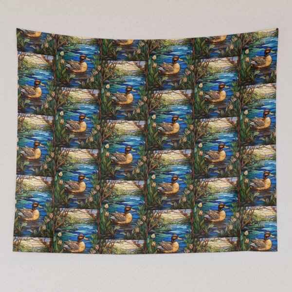 Item preview, Mallard Duck Stained Glass River Landscape AI Art designed and sold by pinkal.