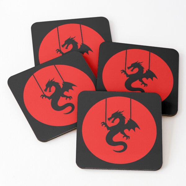 Item preview, red circular background with a black silhouetted dragon hanging from thin ropes at the top designed and sold by 123ks.