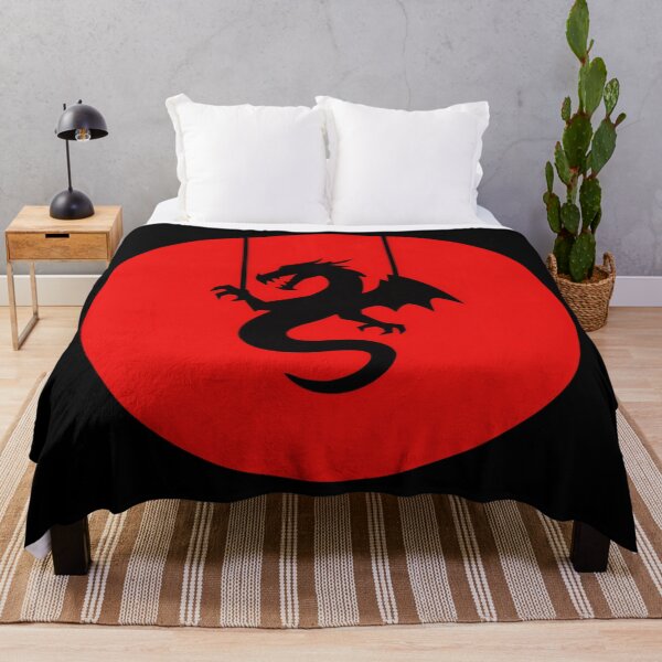 Item preview, red circular background with a black silhouetted dragon hanging from thin ropes at the top designed and sold by 123ks.