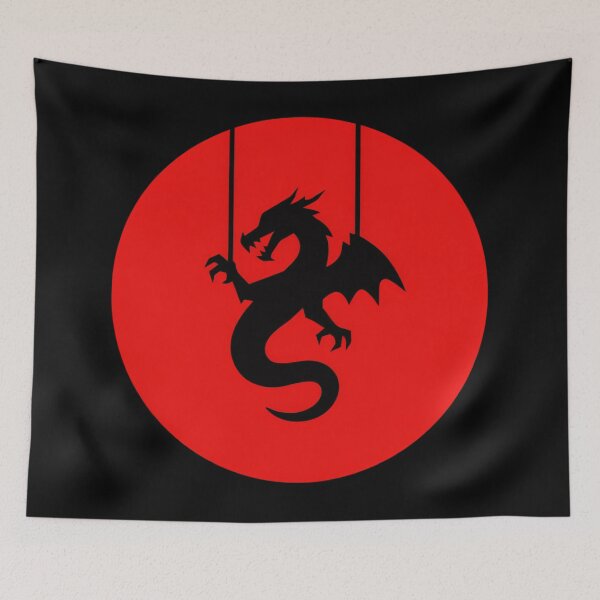 Item preview, red circular background with a black silhouetted dragon hanging from thin ropes at the top designed and sold by 123ks.