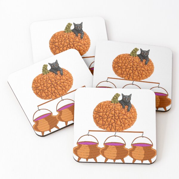 Item preview, Geometric Black Cat on Pumpkin with Witch Cauldrons Halloween Art designed and sold by hepopatterns.