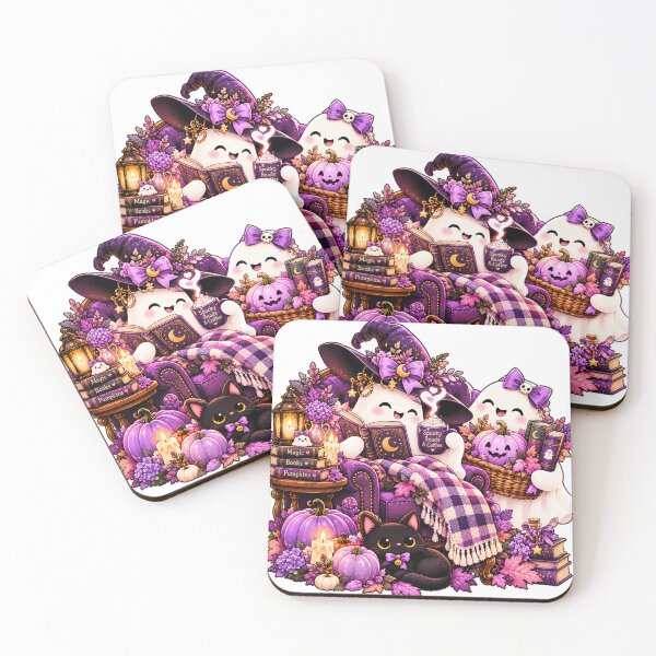 Item preview, Two Ghosts Reading & Coffee – Violet Halloween Sticker designed and sold by PaginaBrew.