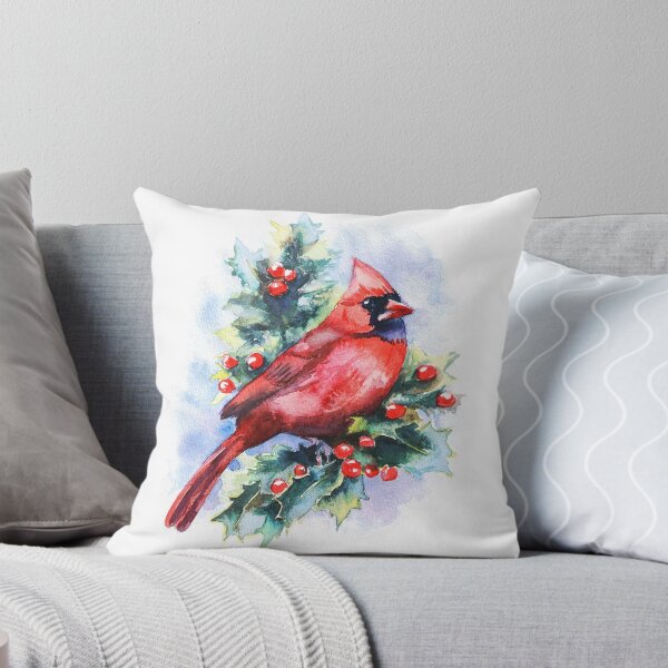 Item preview, Red Cardinal Watercolor Winter Holly Berry Branch Christmas Bird Art designed and sold by art-tee-ua.