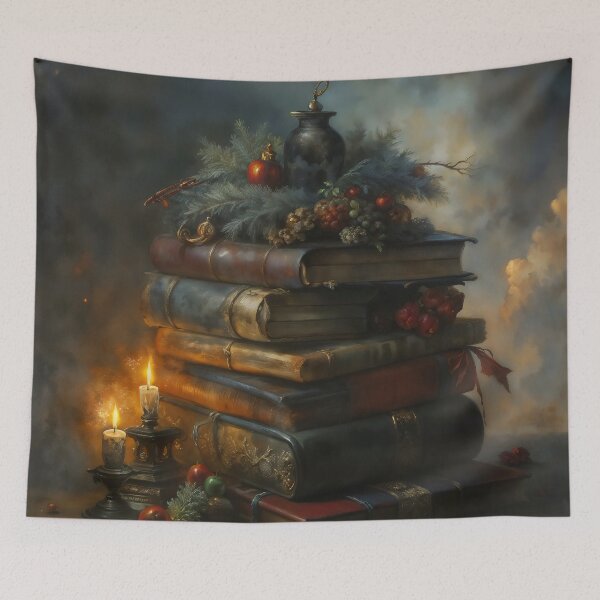 Item preview, Gothic Book Stack Christmas Candles Still Life Painting designed and sold by DarkHolyQueen.