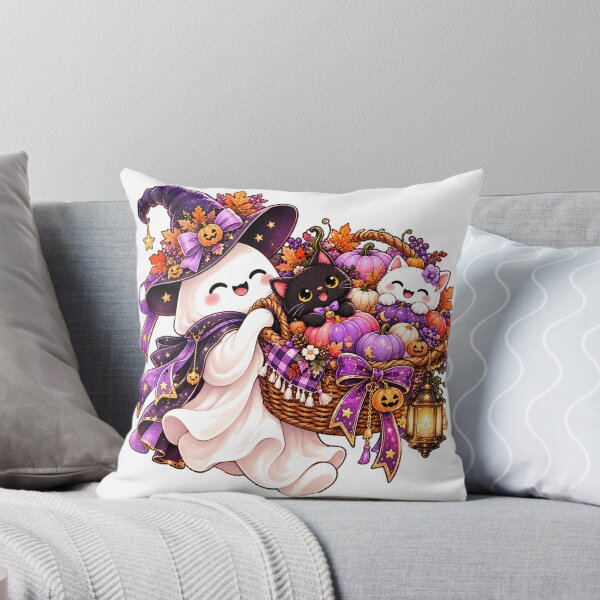 Item preview, Cute Ghost with Pumpkin Basket & Cats – Halloween Sticker designed and sold by PaginaBrew.