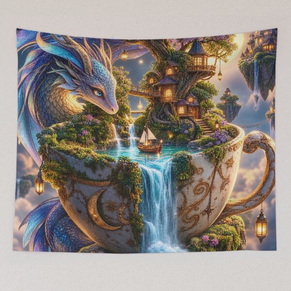 Item preview, Fantasy Teacup World - Dragon Guardian & Floating Castle Magic Art Print | Whimsical Cottagecore Wall Art designed and sold by GoldenSparkleShop.