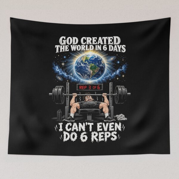Item preview, God Created The World In 6 Days. I Can’t Even Do 6 Reps designed and sold by SignumShop.