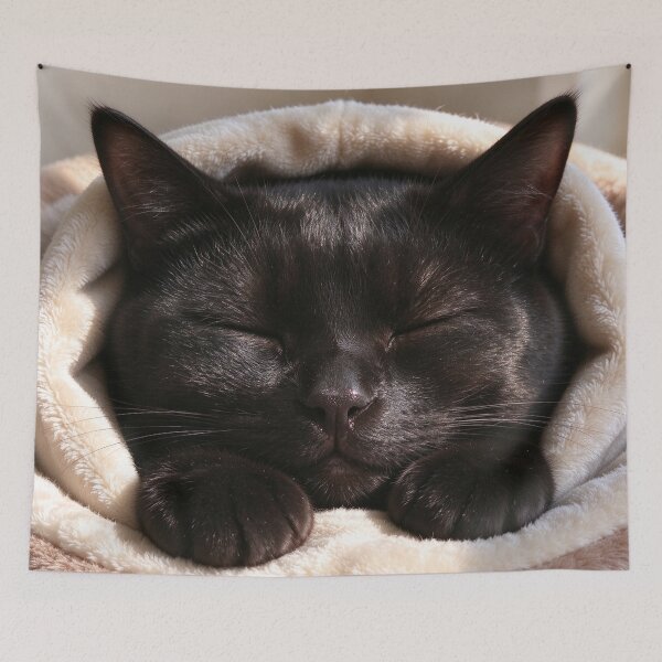 Item preview, Cozy Black Cat Sleeping in a Soft Bed - Cute Feline Nap Art designed and sold by PetalsPaws.