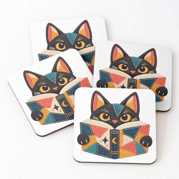 Item preview, Bookish Black Cat Reading – Colourful Crochet Patchwork Book Lover Art designed and sold by Digital Culture Studio.