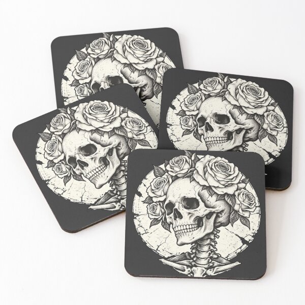 Item preview, Skull With Roses Black White Engraved Gothic Style designed and sold by VintageSocArt.