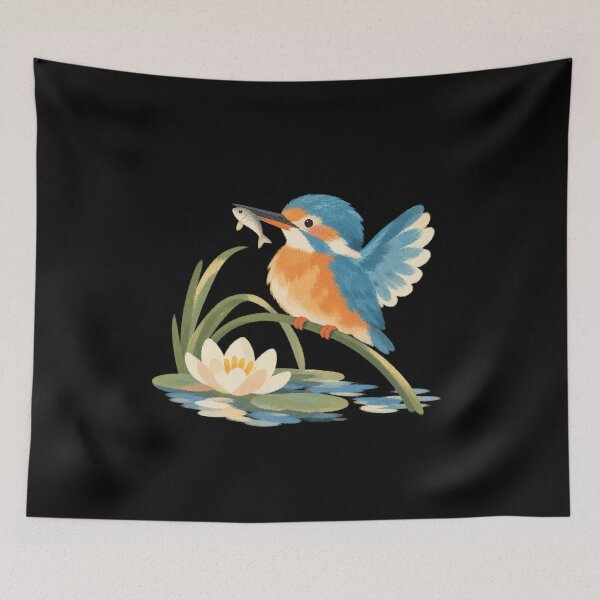 Item preview, Proud Kingfisher with a Tiny Fish and Water Flower designed and sold by AMICO77.