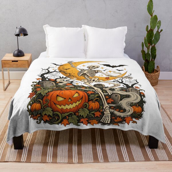 Item preview, Dancing Skeleton Halloween Pumpkin Spiderweb Retro Art designed and sold by GridText.