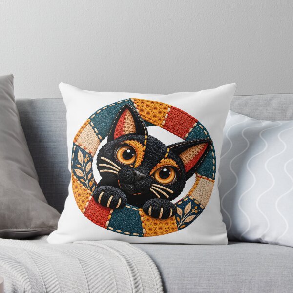 Item preview, Cute Black Cat – Colourful Patchwork Embroidery Cat Art designed and sold by Digital Culture Studio.
