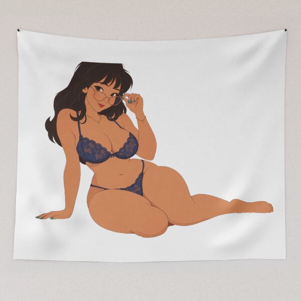 Item preview, Vintage Cartoon Pin-Up Girl with Glasses in Blue Lace Lingerie designed and sold by  Hollow Moon Studios..