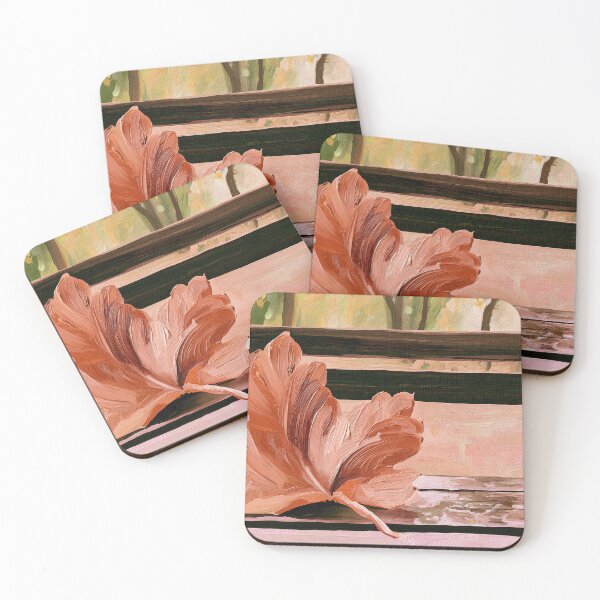 Item preview, Autumn Brown Leaf Resting on a Rustic Wooden Bench with Soft Colorful Trees in the Background designed and sold by OlfactoART Studio.