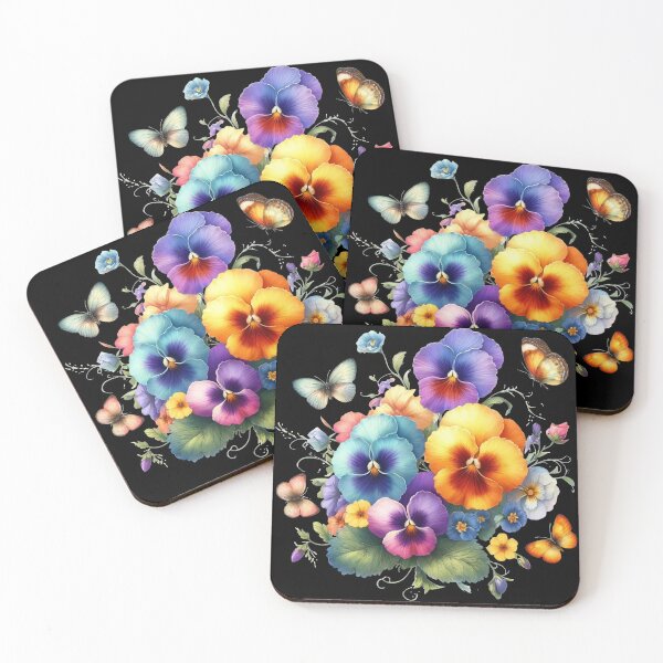 Item preview, Multicolored Pansies and Delicate Butterflies on Black Shapes Mania designed and sold by Shapes-Mania.