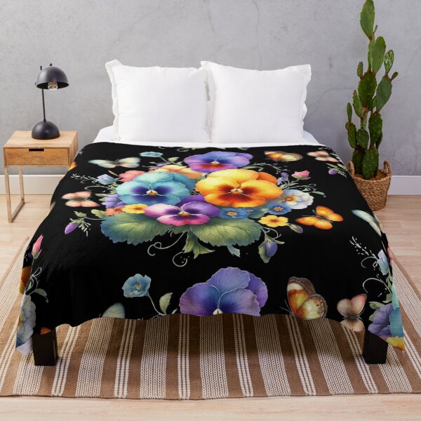 Item preview, Multicolored Pansies and Delicate Butterflies on Black Shapes Mania designed and sold by Shapes-Mania.