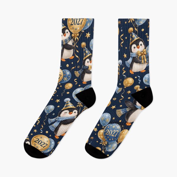 Item preview, New Year 2027 Party Penguins with Balloons Navy Pattern designed and sold by victorsuarez.