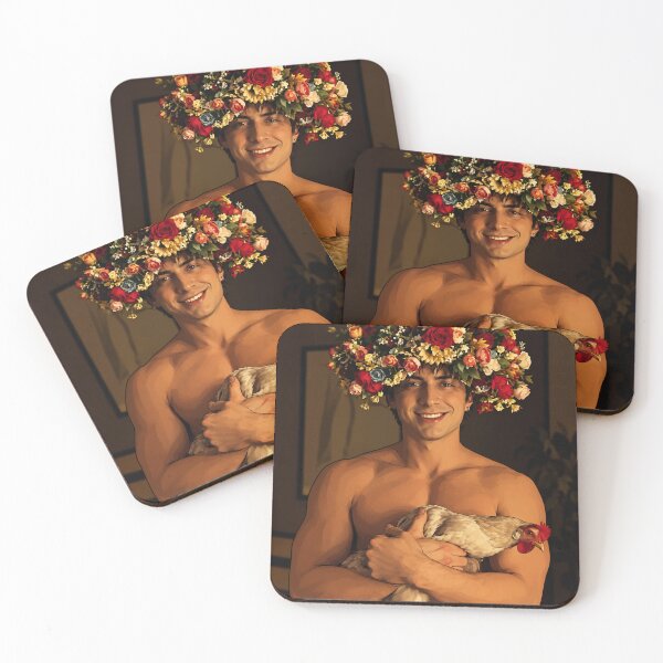 Item preview, Hudson Williams with a rooster and a flower crown in YAGA (fan art) designed and sold by PopCultureAndStuff.