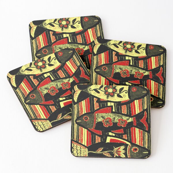 Item preview, Three Folk Art Fish with Flowers in Yellow designed and sold by Fani*.