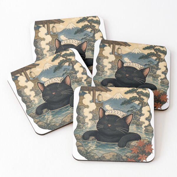 Item preview, Onsen Cat Black Cat Japanese Hot Spring Mount Fuji Ukiyo-e designed and sold by vekotpu.