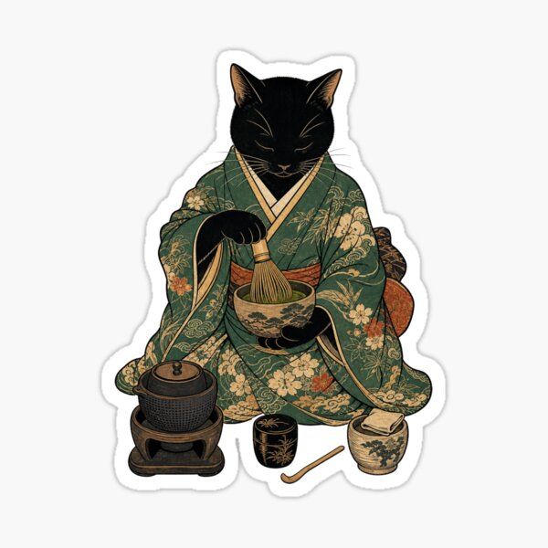 Item preview, Matcha Green Tea Black Cat Tea Ceremony Kimono Japanese Ukiyo-e designed and sold by vekotpu.