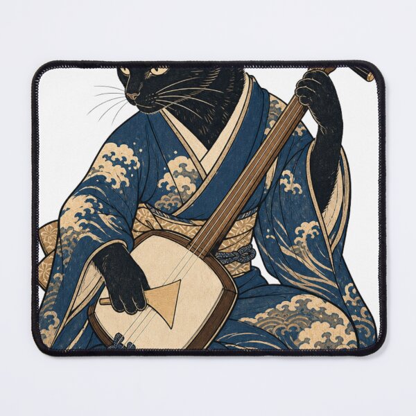 Item preview, Black Cat Playing Shamisen Japanese Ukiyo-e Wave Kimono Music designed and sold by vekotpu.