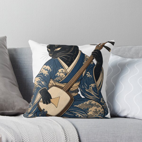 Item preview, Black Cat Playing Shamisen Japanese Ukiyo-e Wave Kimono Music designed and sold by vekotpu.