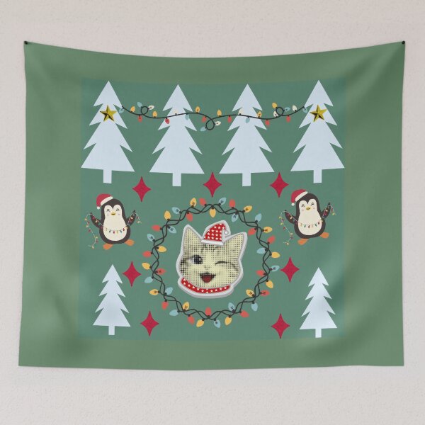 Item preview, Festive Cat And Penguins Holiday Art designed and sold by Azurart2.