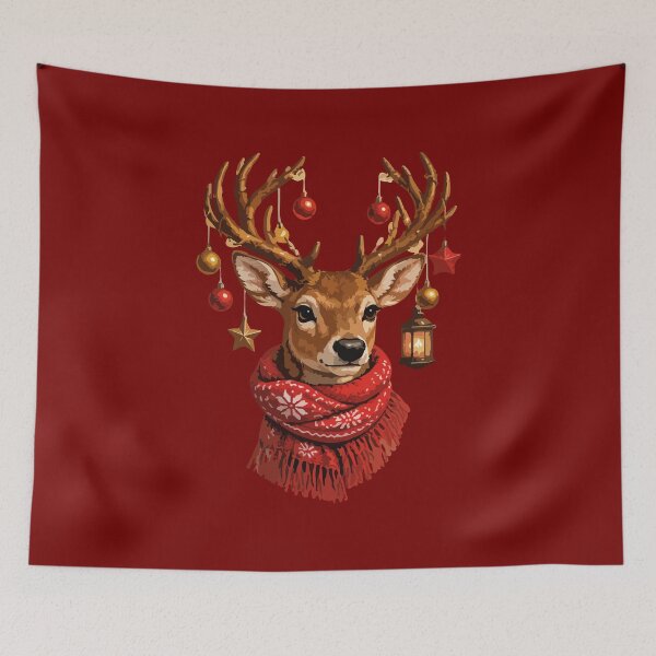 Item preview, Festive Reindeer Christmas Spirit Christmas Deer – Red Scarf and Golden Ornaments designed and sold by ByGio.