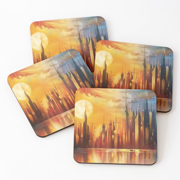 Item preview, Celestial City of the Golden Moon – Surreal Futuristic Skyline designed and sold by NeoNebulaArt.