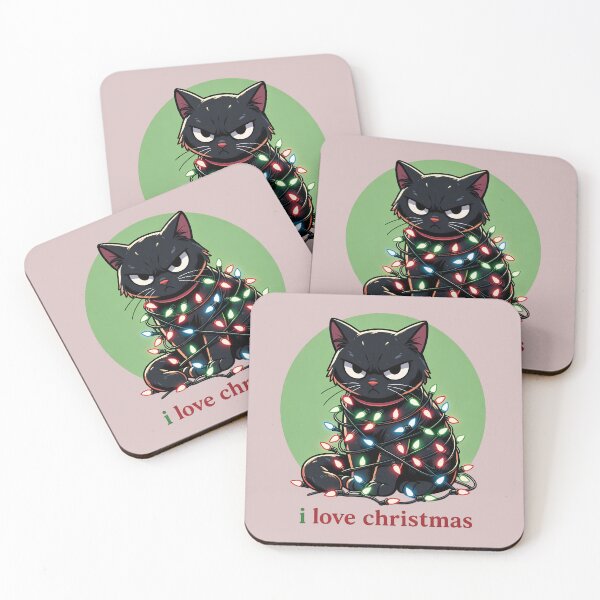 Item preview, Grumpy Black Cat Wrapped in Christmas Lights | Funny Christmas Cat designed and sold by Orbitly Studio.