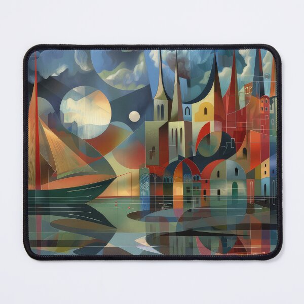 Item preview, Geometric City Beneath the Moons – Colorful Modernist Cityscape designed and sold by NeoNebulaArt.