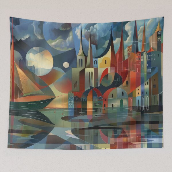 Item preview, Geometric City Beneath the Moons – Colorful Modernist Cityscape designed and sold by NeoNebulaArt.