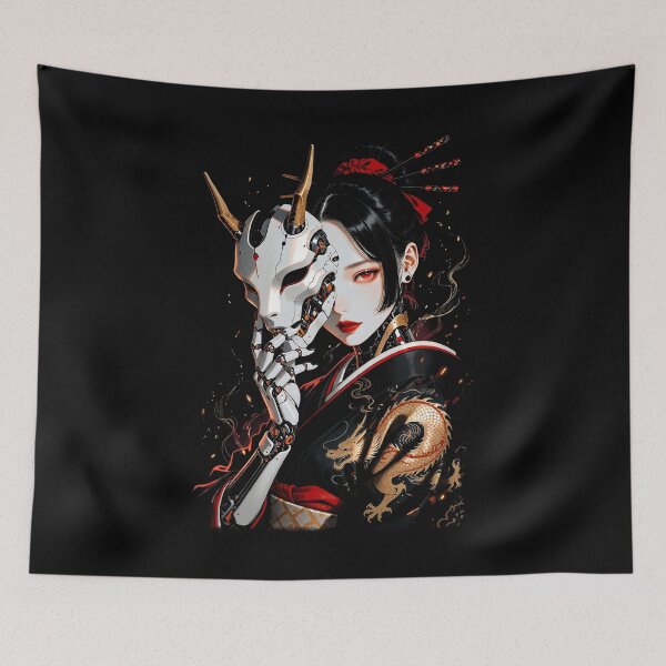 Item preview, Cyberpunk Geisha Oni Mask - Futuristic Japanese Streetwear Art designed and sold by HexOne.