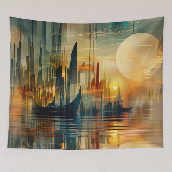 Item preview, Golden Horizons of the Abstract City – Modernist Futuristic Skyline designed and sold by NeoNebulaArt.