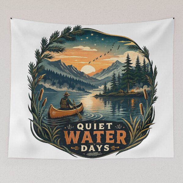 Item preview, Quiet Water Days Vintage Canoe Mountain Lake Sunset Wilderness Adventure Art designed and sold by inkoutninja.