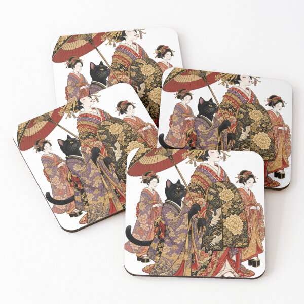 Item preview, Oiran Procession Black Cat Japanese Geisha Ukiyo-e Kimono Umbrella designed and sold by vekotpu.